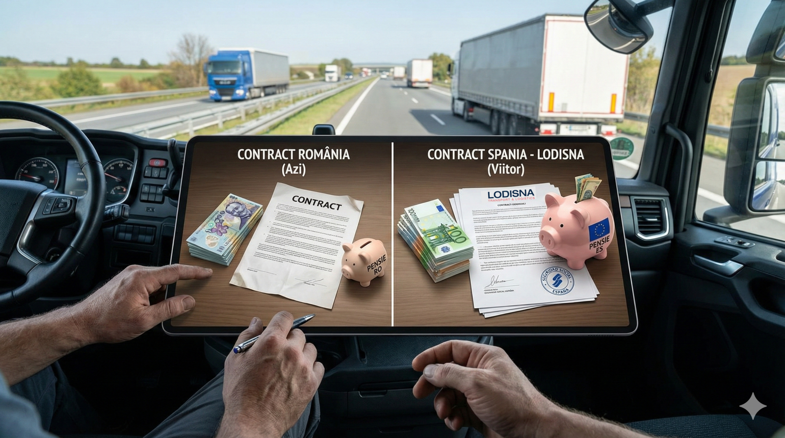 Contract șofer Spania vs Romania: Șofer de camion în cabină analizând pe o tabletă o comparație financiară vizuală între un contract de muncă din România (cu lei și pensie mică RO) și un contract spaniol la Lodisna (cu euro și pensie europeană mare ES).