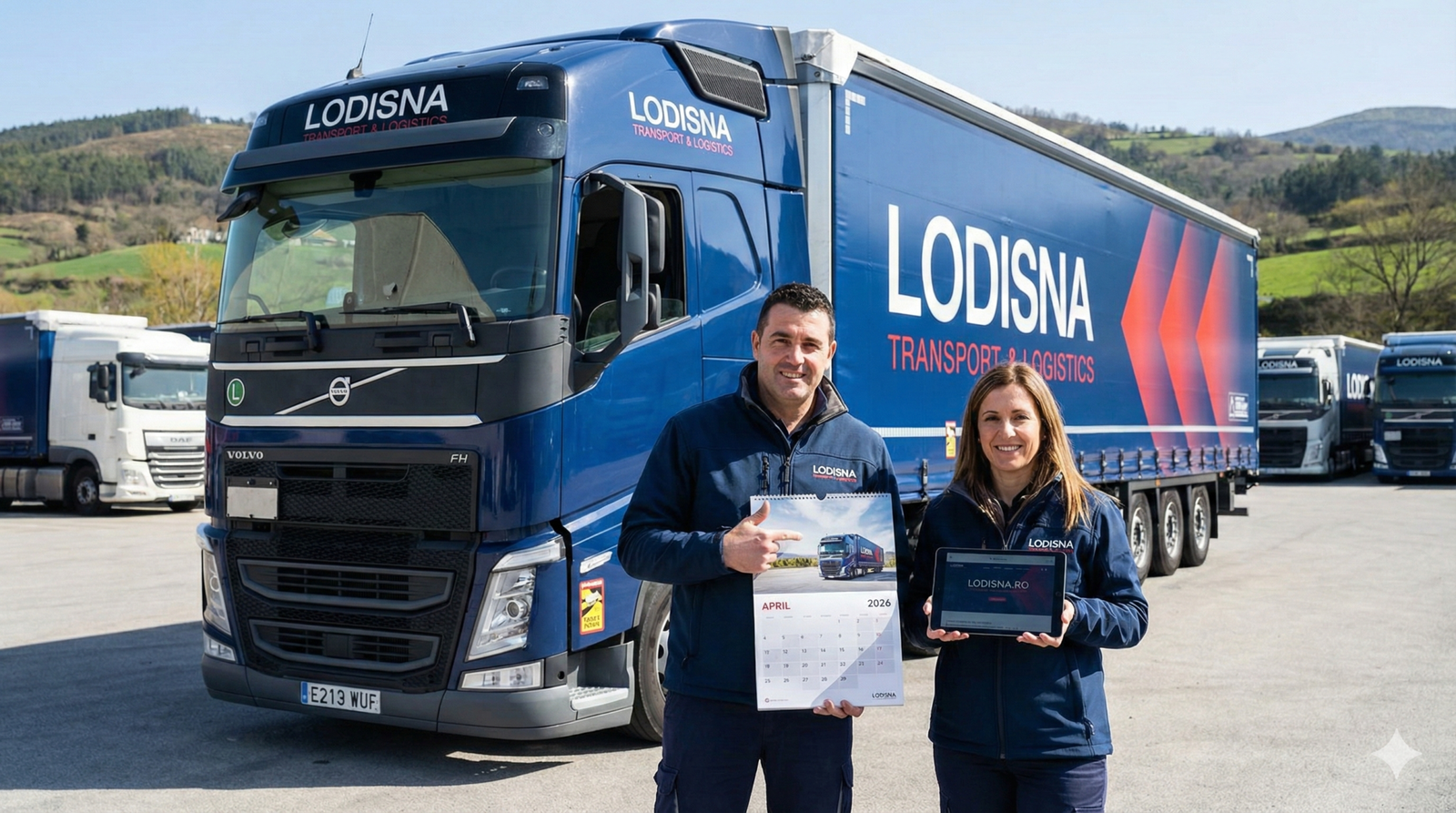 Doi șoferi C+E echipaj de la Lodisna zâmbesc într-o parcare logistică, ținând un calendar deschis la luna aprilie 2026 și o tabletă cu site-ul lodisna.ro, lângă un camion Volvo.