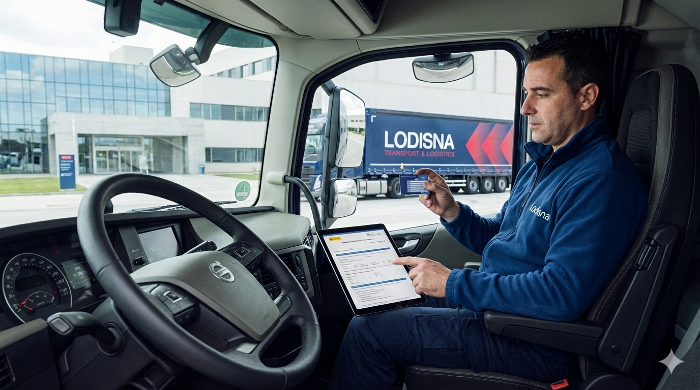 Un șofer de camion Lodisna aflat în cabina unui Volvo ține în mână Cardul European de Sănătate și indică pe o tabletă Formularul S1 de la asigurare medicala Spania, având în fundal un alt camion Lodisna parcat lângă un spital.