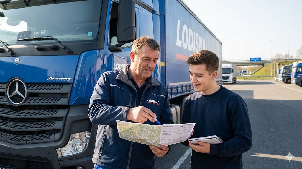 Un șofer mentor cu experiență de la Lodisna îi explică traseul pe o hartă unui tânăr șofer debutant lângă un camion Mercedes Actros, o scenă practică ce ilustrează acest ghid pentru sofer TIR incepatori.