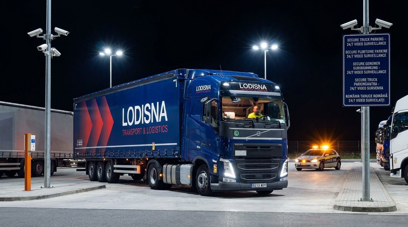 Securitate în parcările pentru camioane: camion Lodisna parcat sub iluminare puternică într-o zonă supravegheată.