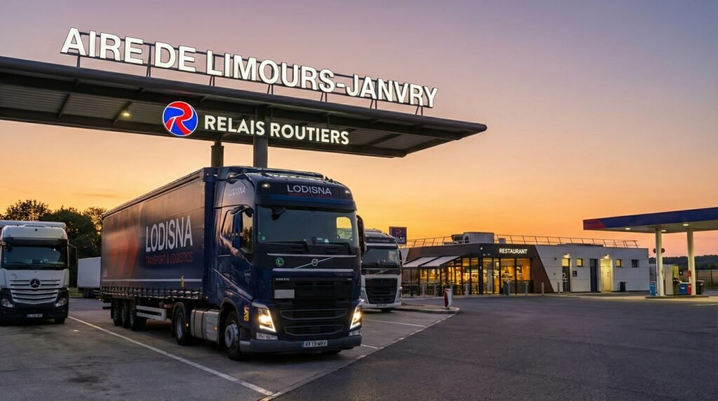 Camion Volvo Lodisna parcat într-o zonă de odihnă modernă din Franța pe timp de seară.