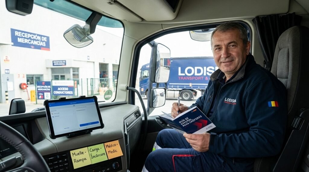 Șofer român de camion Lodisna învățând limba spaniolă din cabină, lângă un Volvo FH albastru.