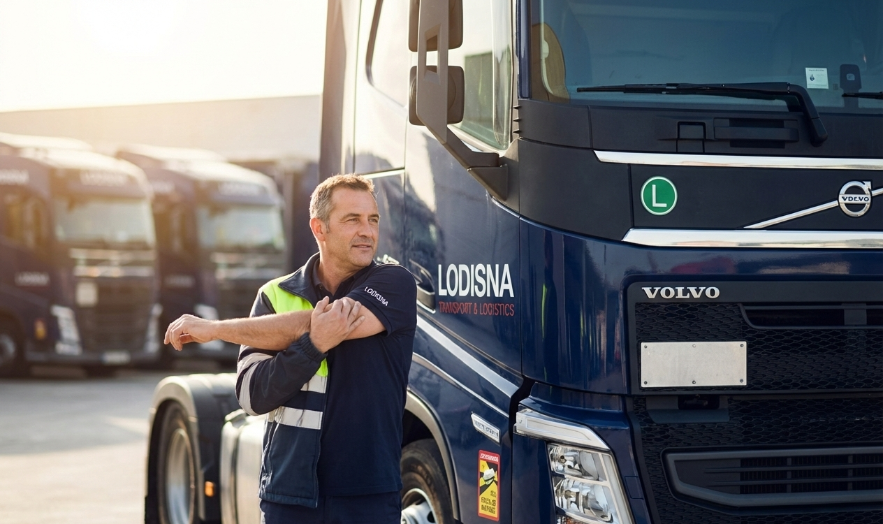 Șofer profesionist făcând stretching lângă un camion Lodisna.
