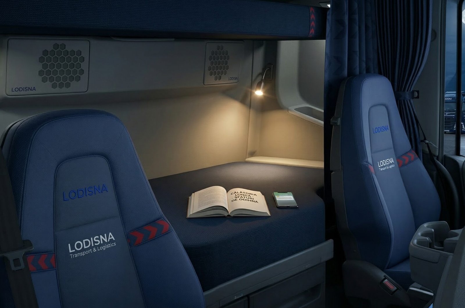 Interiorul cabinei unui camion Lodisna pregătit pentru odihnă, cu accent pe cum să dormi bine în cabină.