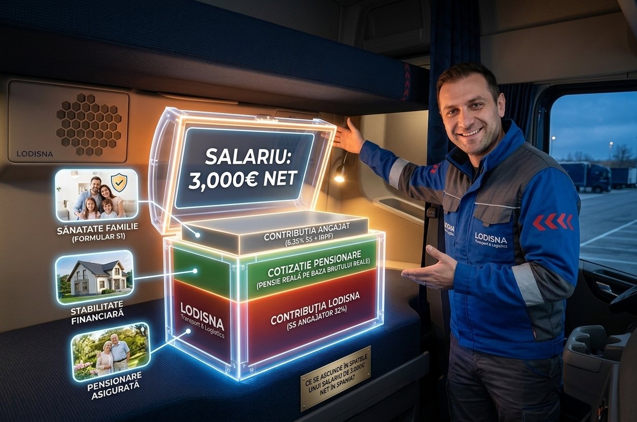 Infografică despre un salariu net șofer Spania de 3.000€ la Lodisna, explicând taxele și beneficiile sociale.