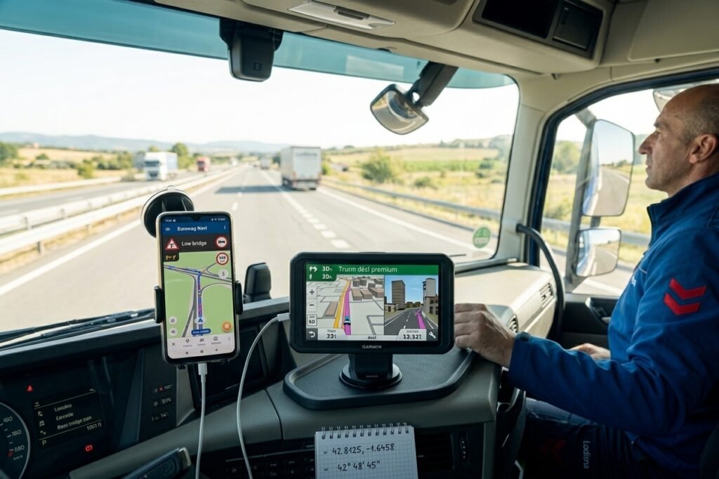Un dispozitiv Garmin și un smartphone cu aplicații GPS pentru camioane montate în cabina unui camion Lodisna.