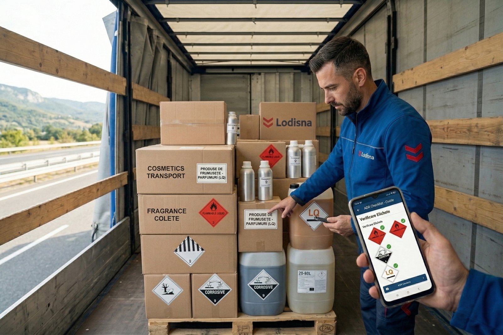 Un șofer Lodisna verificând etichetele de siguranță pentru ADR colete pe un palet în remorca unui camion modern.