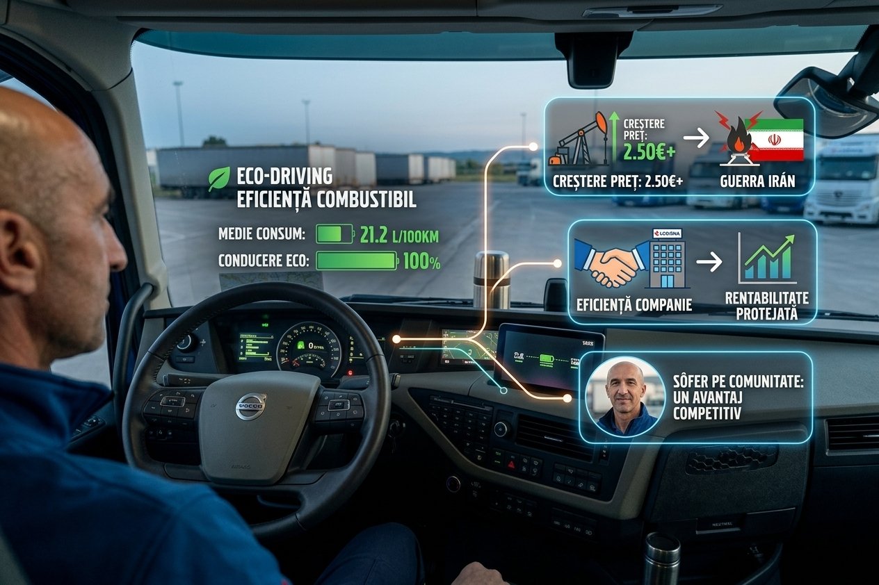 Bordul unui camion modern afișând un consum scăzut datorită tehnicilor de eco-driving aplicate de un șofer Lodisna în 2026.