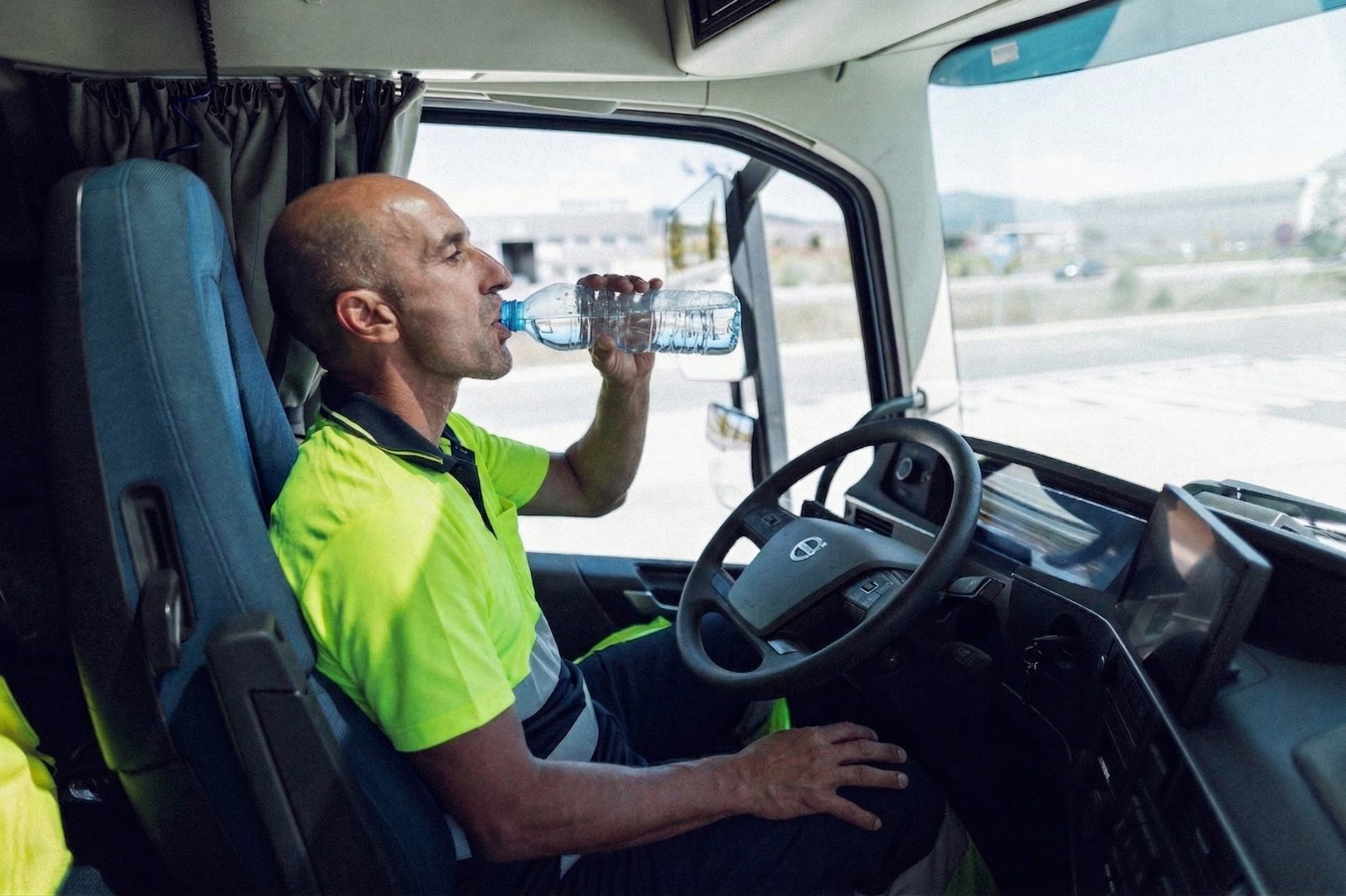 Un șofer Lodisna bând apă în cabină pentru o bună hidratarea la volan în timpul unei curse de transport internațional.