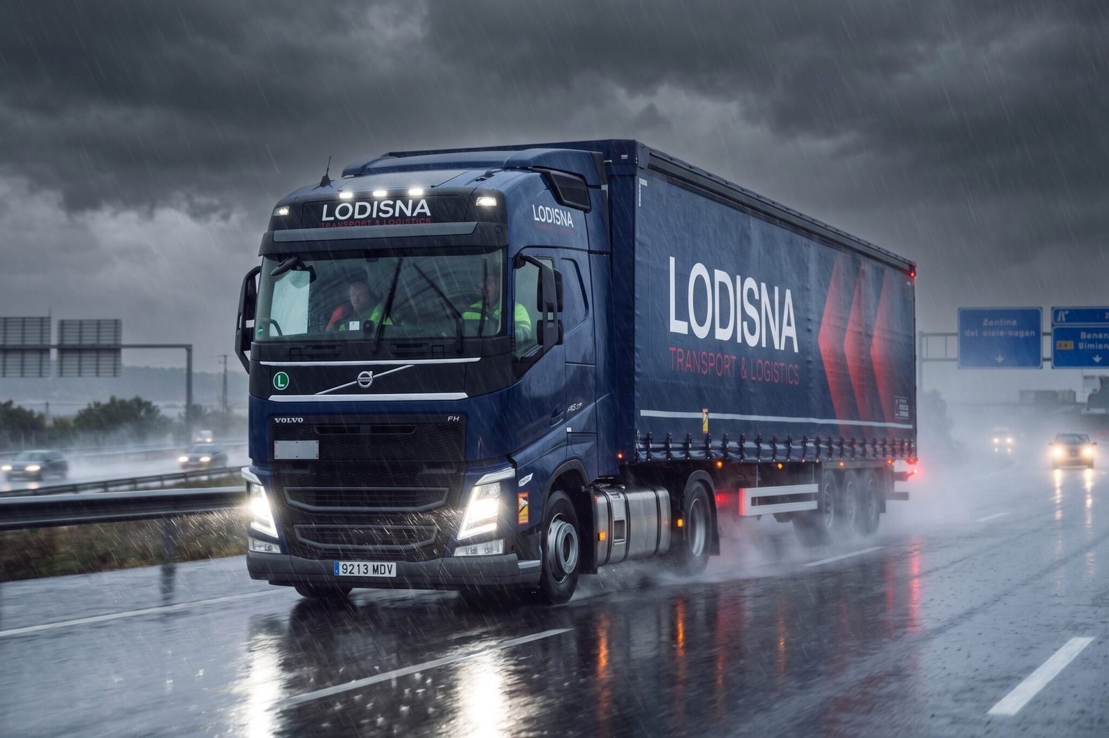 Camion Lodisna circulând pe ploaie cu maximă siguranță.