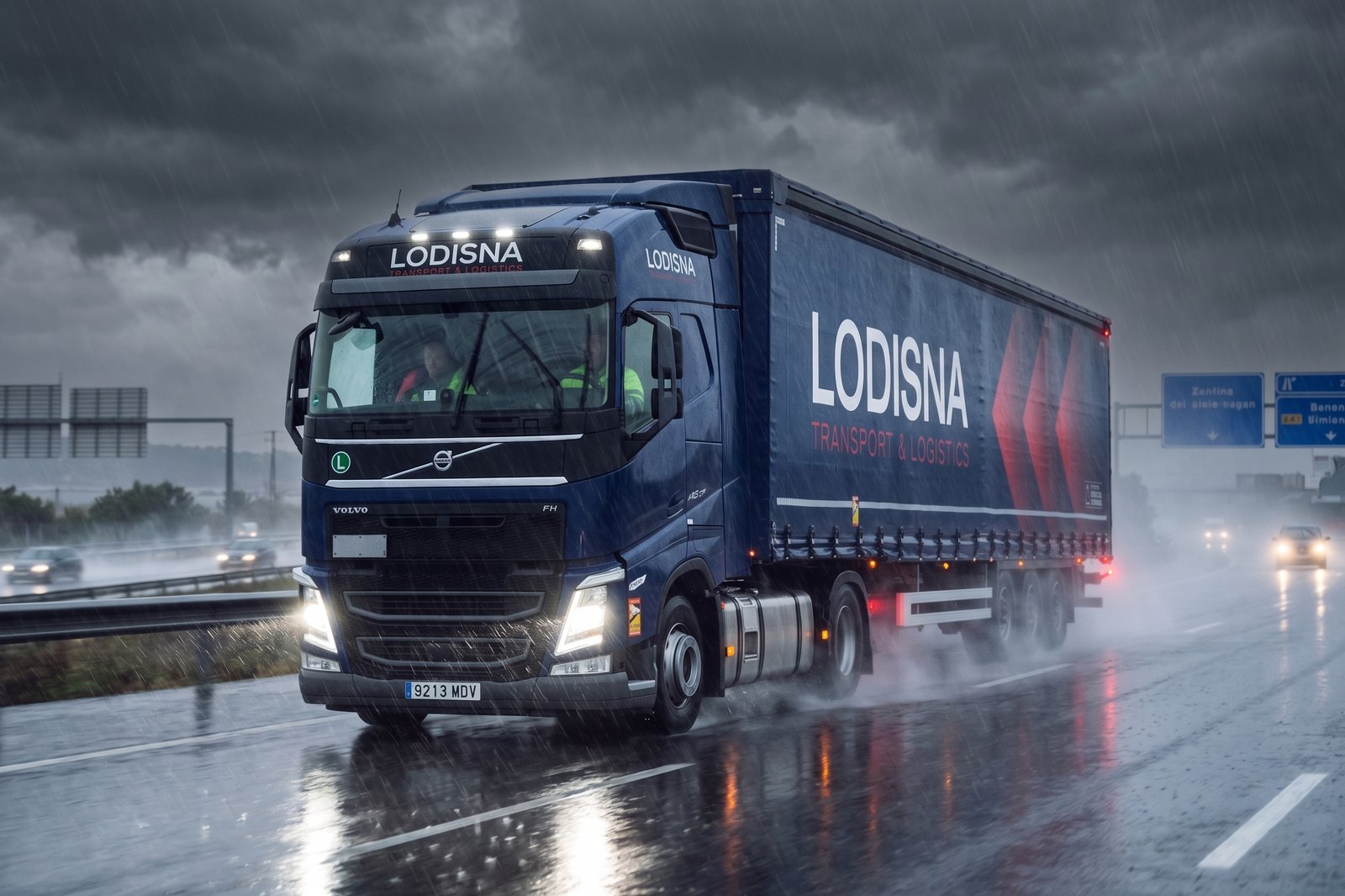Camion Lodisna circulând pe ploaie cu maximă siguranță.