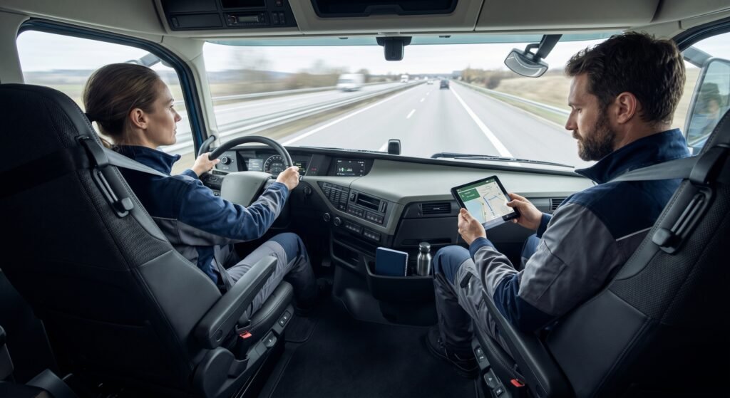 Interior cabină Volvo FH Aero cu doi șoferi profesioniști Lodisna folosind scaune ergonomice pentru siguranță și îngrijire la volan șofer TIR echipaj.