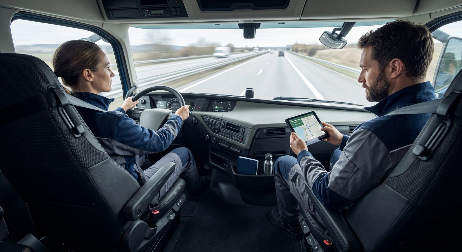 Interior cabină Volvo FH Aero cu doi șoferi profesioniști Lodisna folosind scaune ergonomice pentru siguranță și îngrijire la volan șofer TIR echipaj.