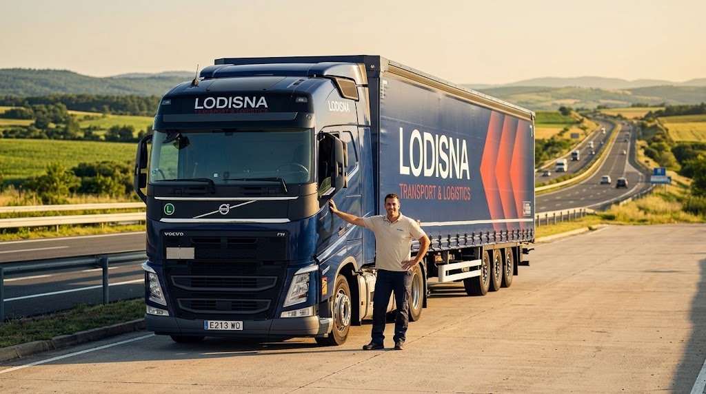 Șofer C+E consultând contractul spaniol Lodisna în cabina camionului în campania de vară