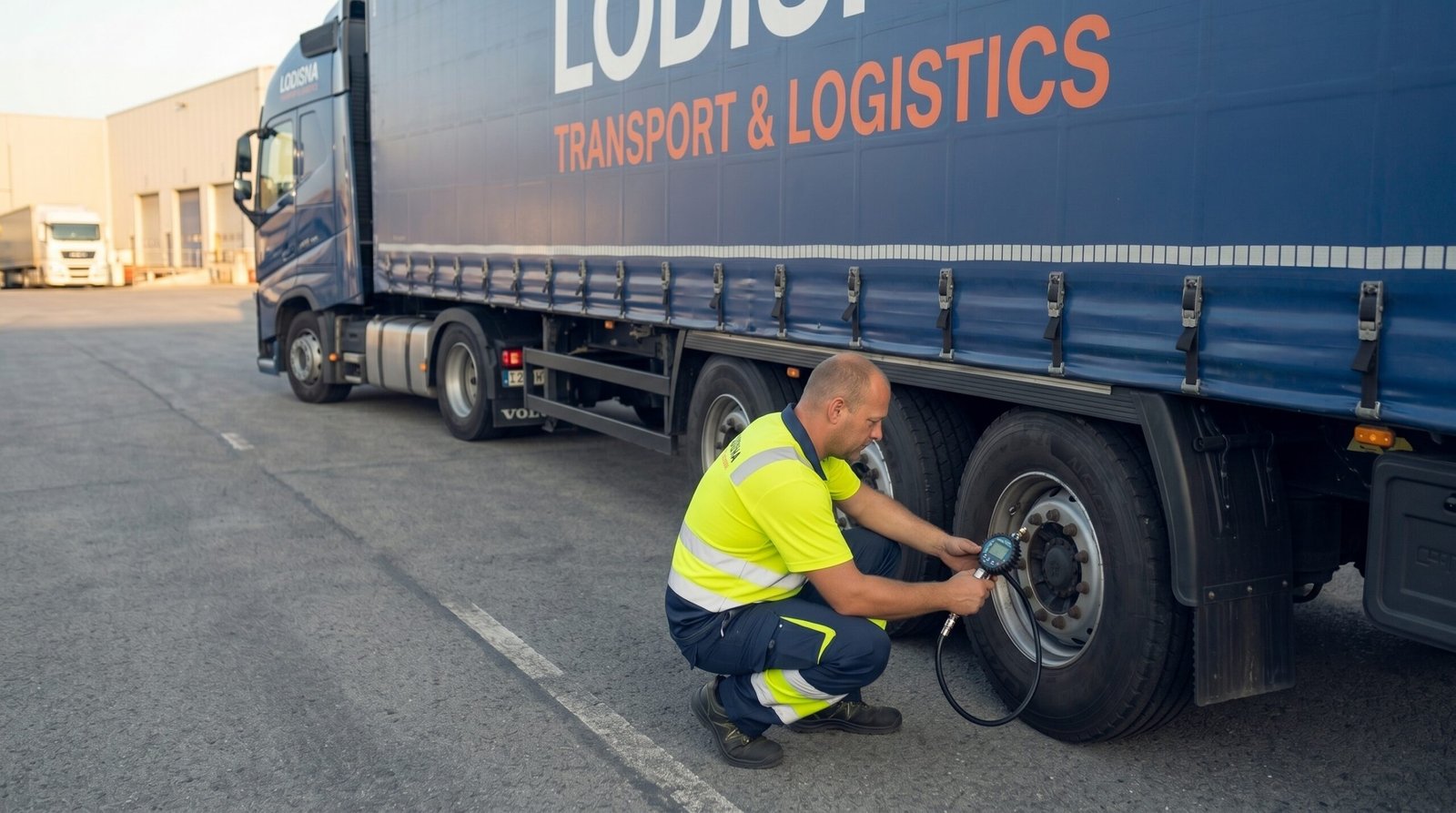 Șofer TIR verificând presiunea anvelopelor vara cu manometru la camion pe autostradă