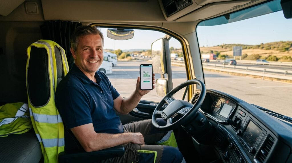 Șofer C+E Lodisna verificând bonusurile de vară pe telefon în cabina camionului