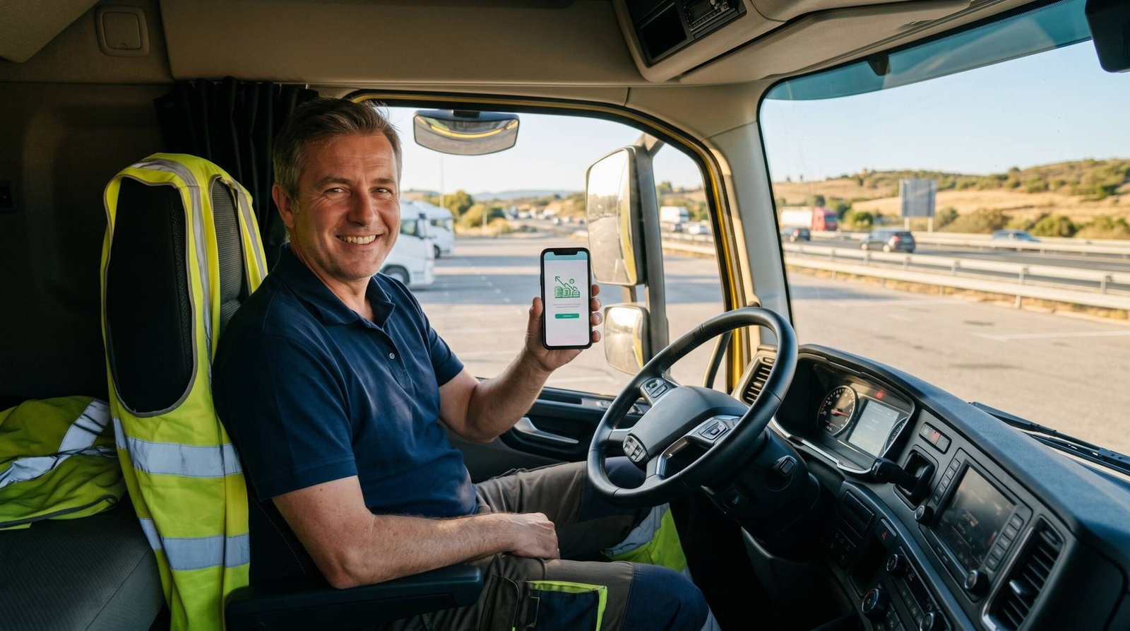 Șofer C+E Lodisna verificând bonusurile de vară pe telefon în cabina camionului