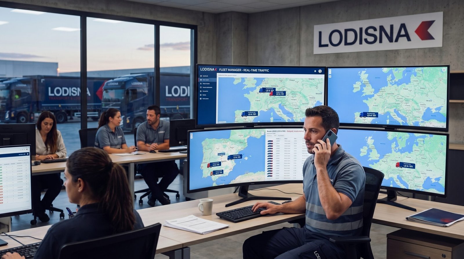 Dispecer transport internațional Lodisna la birou Pamplona coordonând flota de șoferi C+E