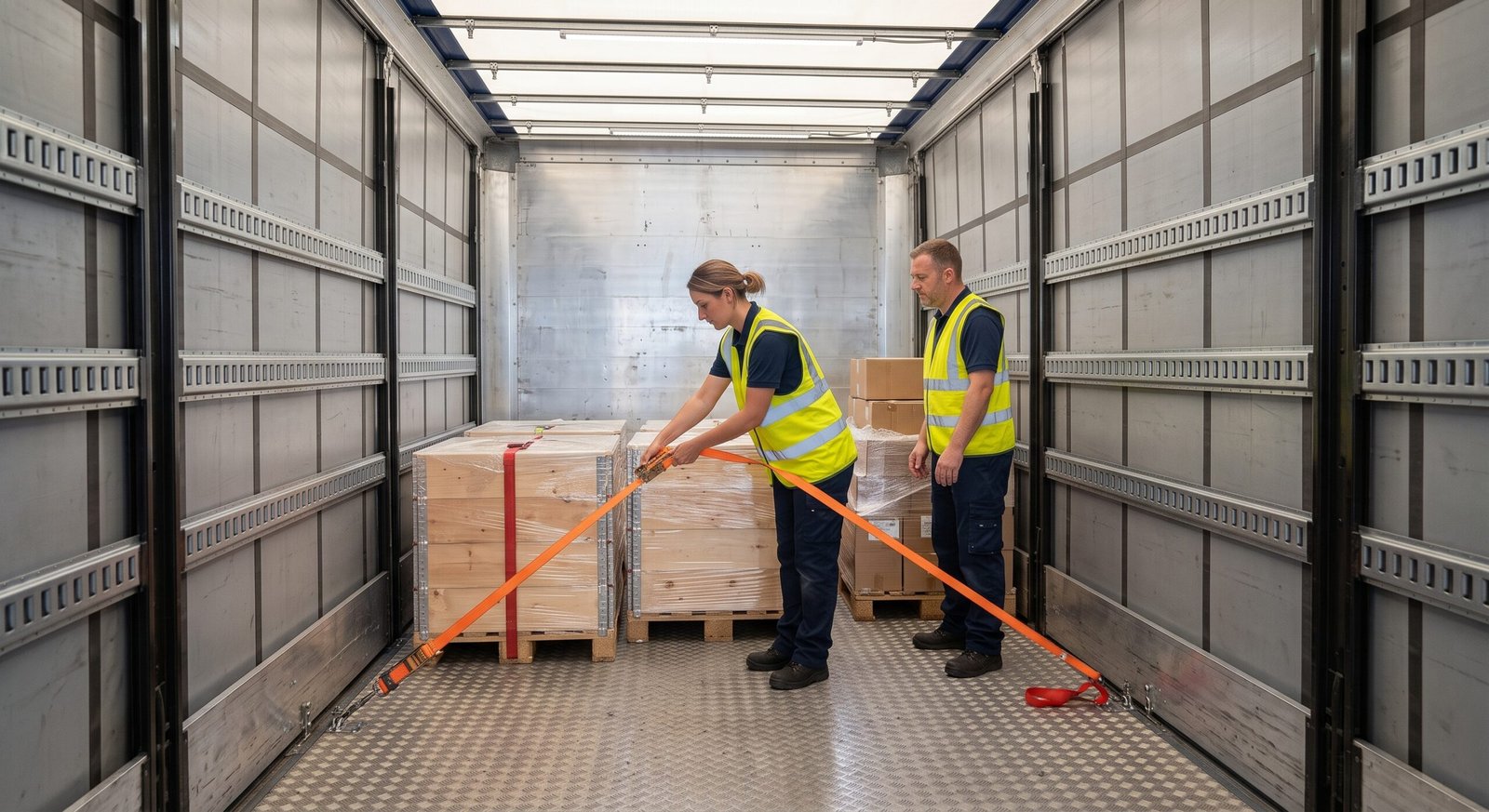 Doi șoferi TIR securizarea mărfii ancorare camion chingi clichet în remorcă profesionist