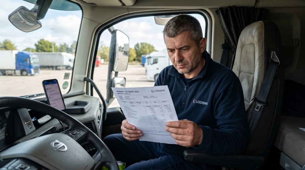 Șofer TIR citind fluturașul de salariu nómina spaniolă contract Lodisna