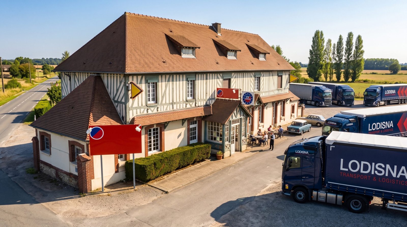Restaurante TIR Franța Relais Routiers cu camioane parcate afară pe rută europeană