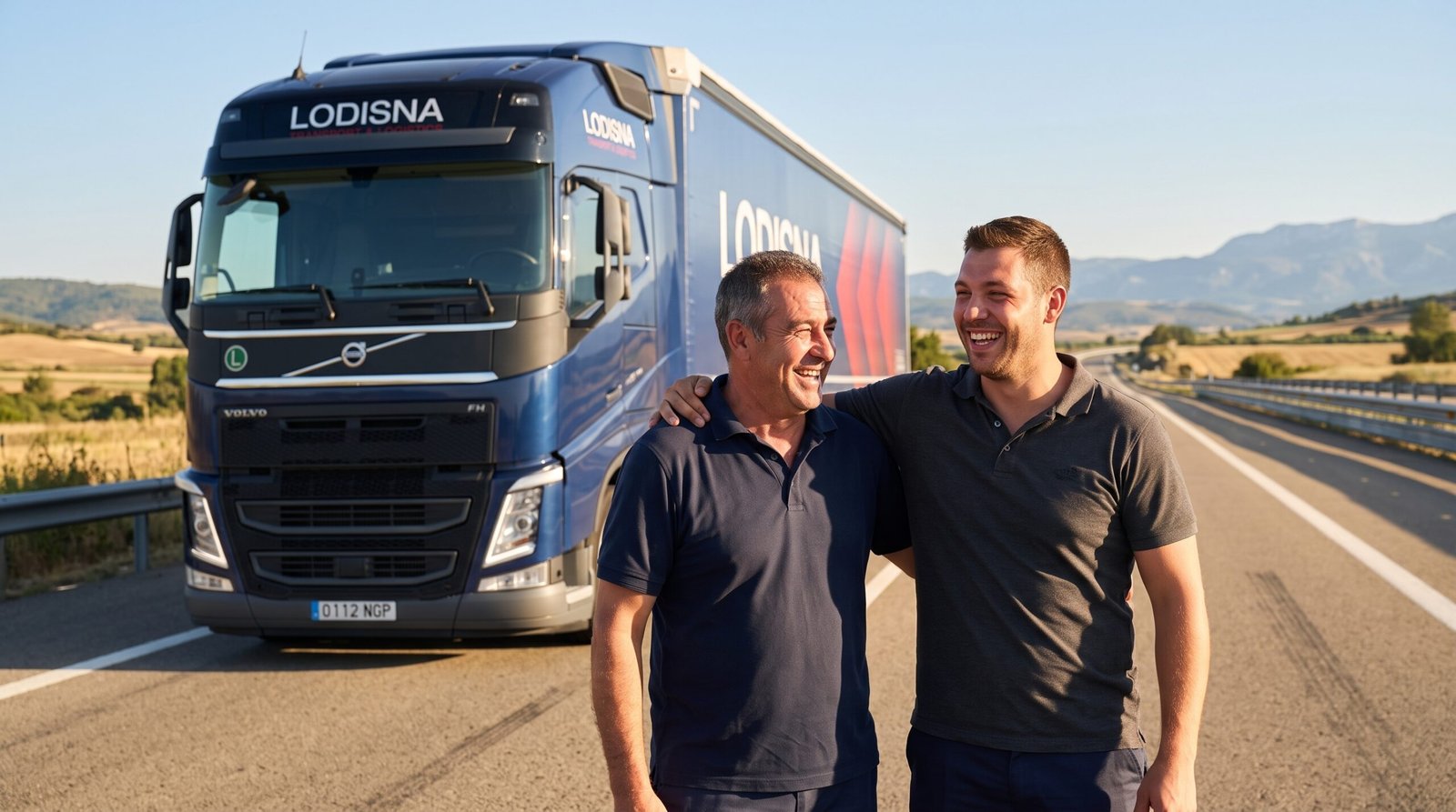 Doi șoferi echipaj format campanie vară în cabina XL camion Lodisna pe autostradă europeană