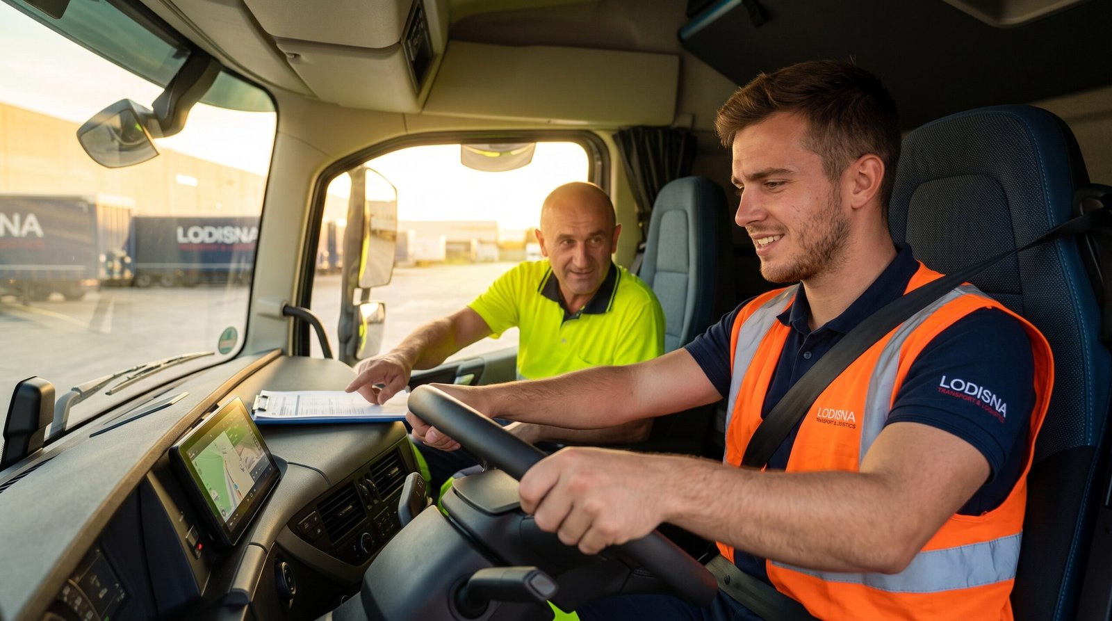 Șofer C+E începător în cabina camionului Lodisna cu suport din programul de formare vara