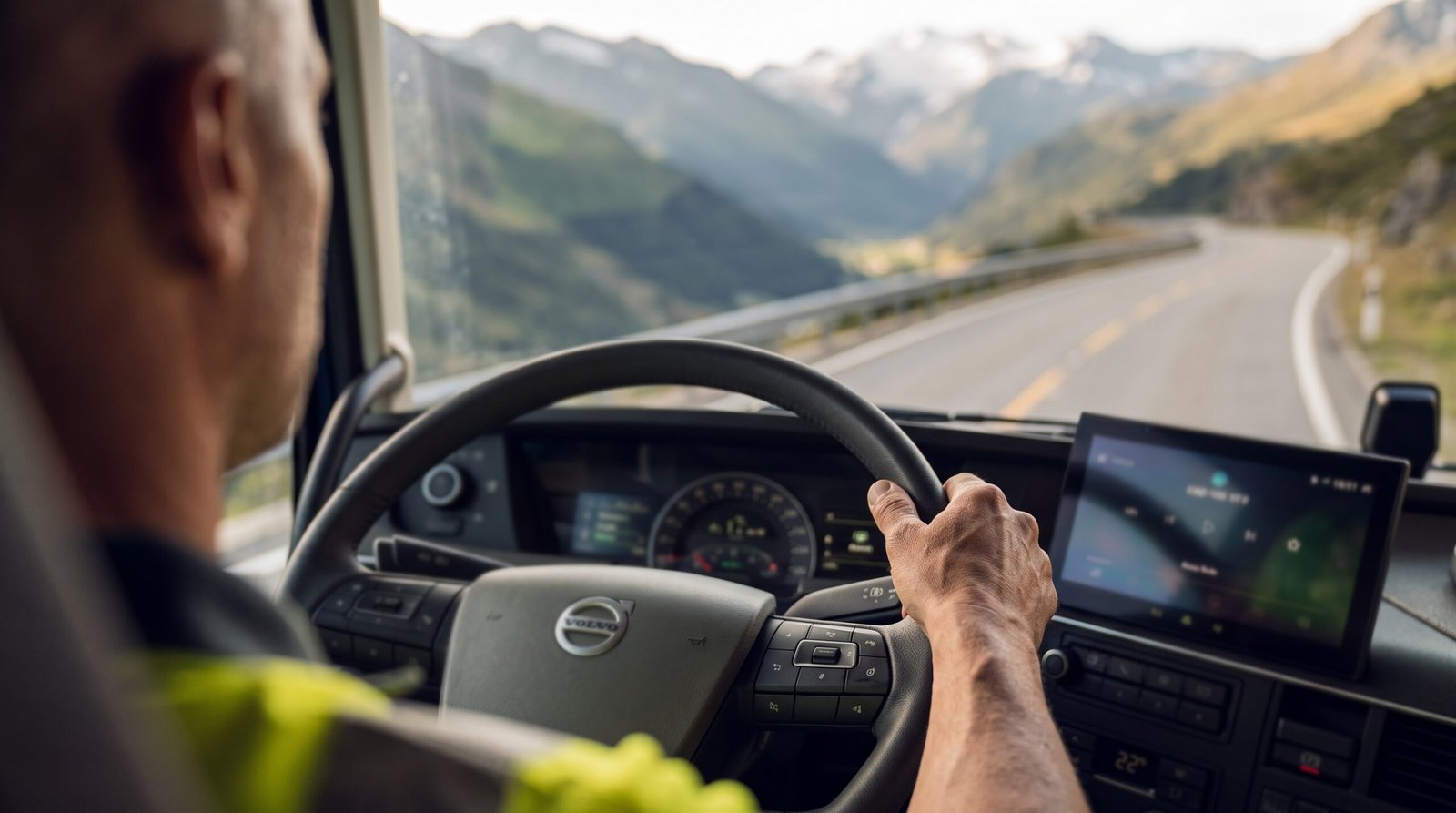 Șofer TIR folosind retarder intarder pe coborâre drum munte cabină Volvo FH