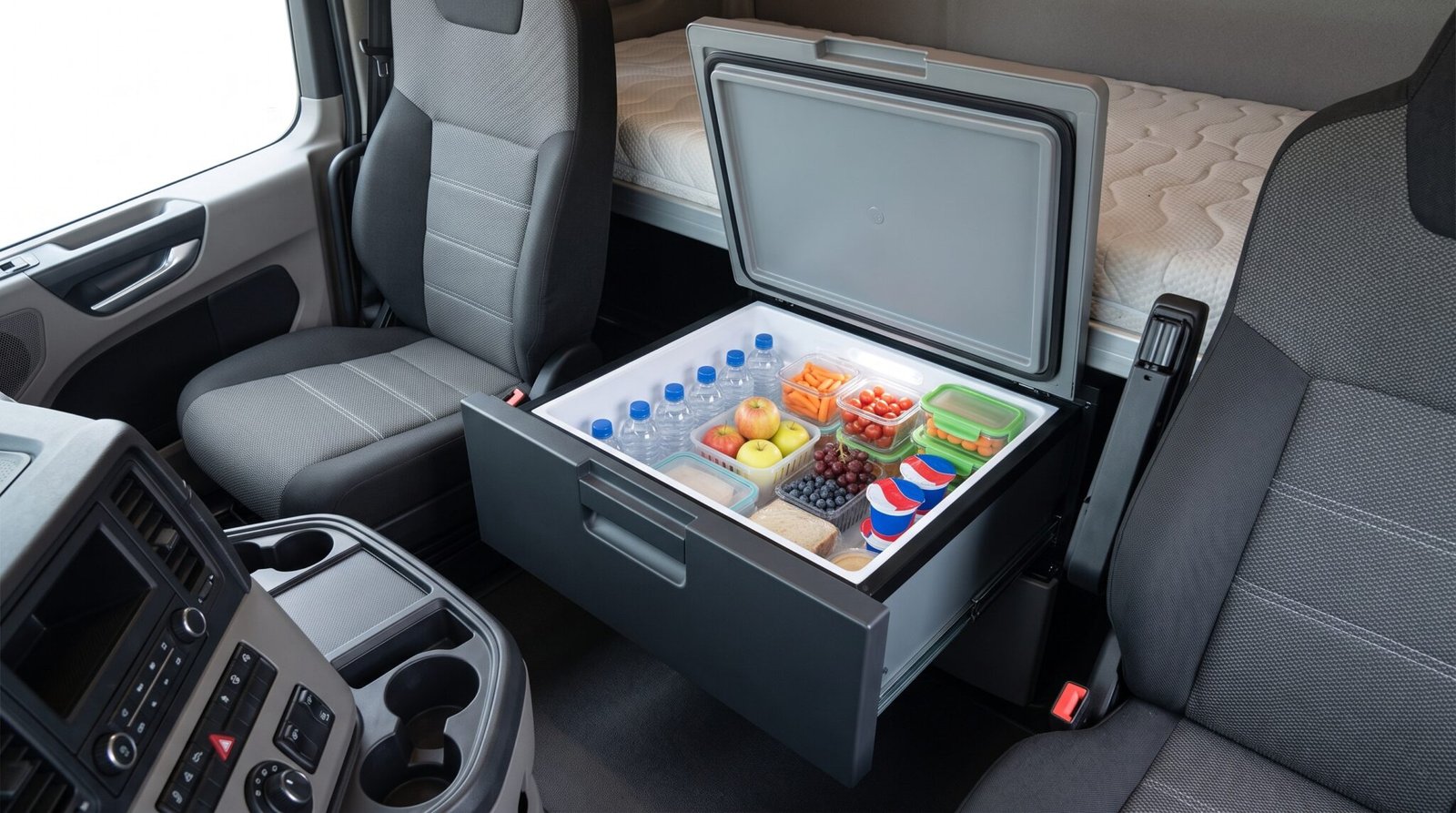 Frigider cabină camion vară organizat cu alimente sănătoase șofer TIR rute europene