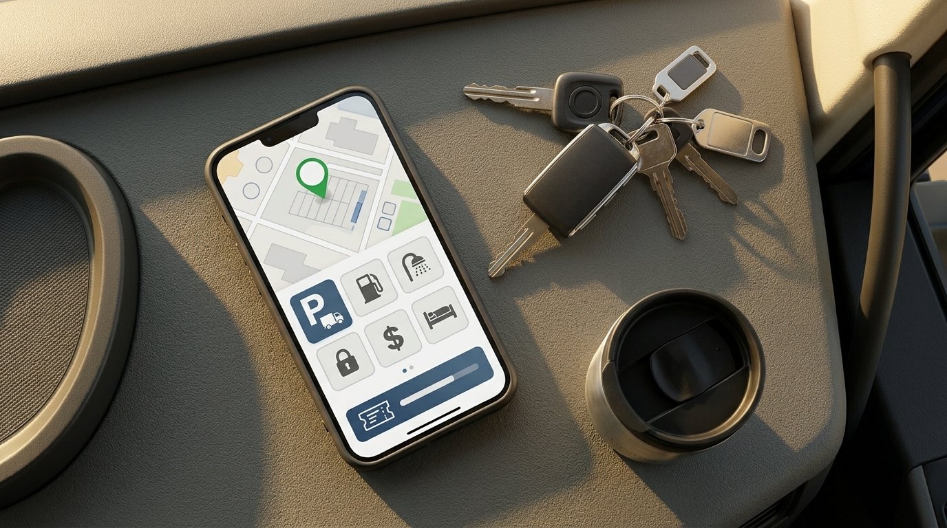 Șofer TIR folosind aplicații utile pe telefon în cabina camionului pe autostradă europeană