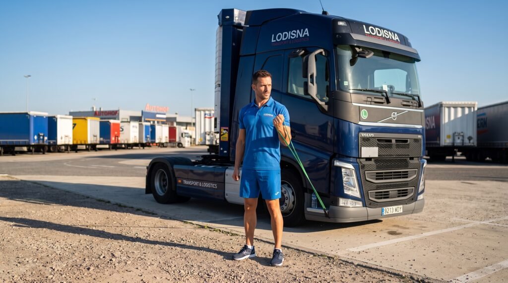 Șofer TIR făcând exerciții cabină camion cu benzi elastice la oprire autostradă europeană