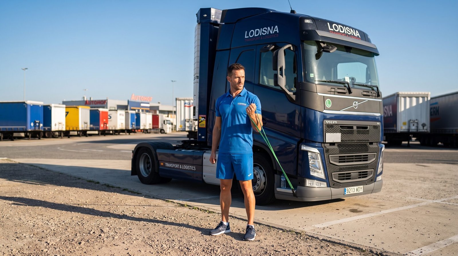 Șofer TIR făcând exerciții cabină camion cu benzi elastice la oprire autostradă europeană
