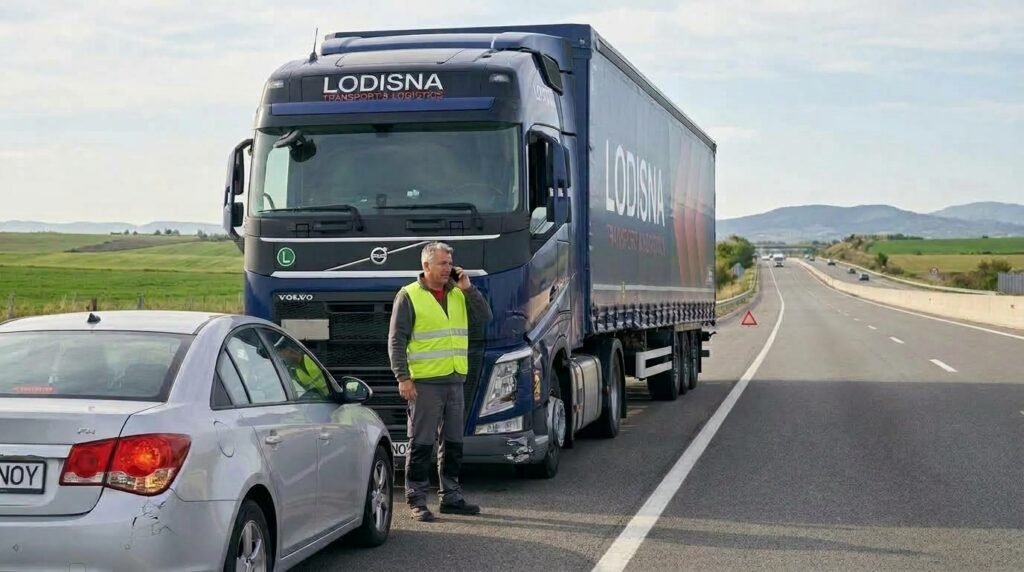 Doi șoferi TIR echipaj gestionând procedura accident TIR Europa calm profesionist autostradă