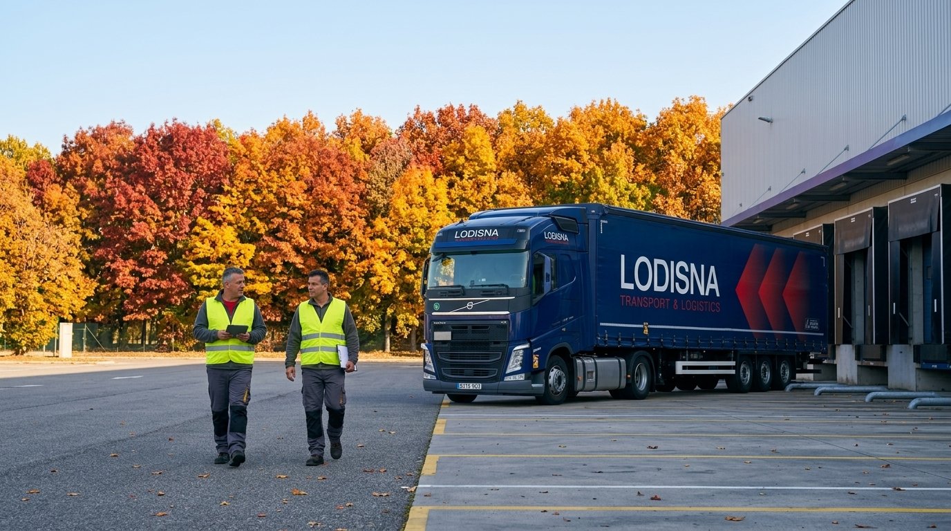 Doi șoferi C+E echipaj angajări toamnă Lodisna mers spre camion Volvo bază logistică